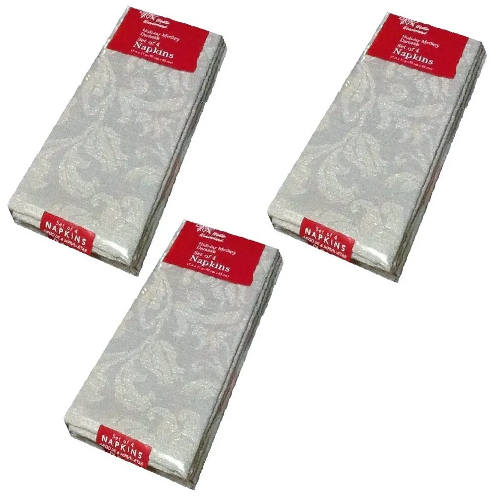 3 brand new 4-piece Sets of SILVER Damask 59% Cotton 17x17 inch Fabric Napkins